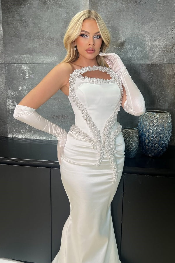White Strapless Pearls Beaded Mermaid Prom Dress With Long Gloves ssr0488