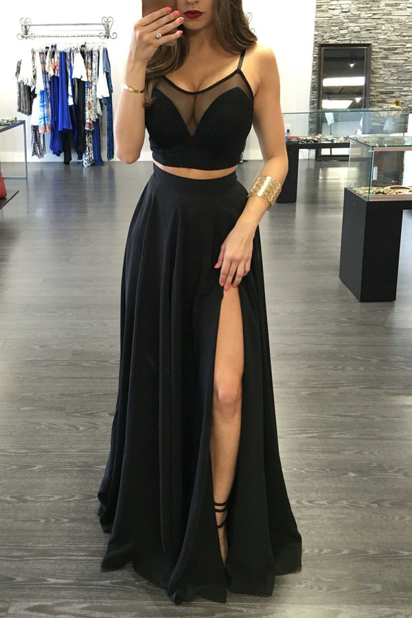 SSR1632,Two Pieces Black Satin Long Prom Evening Dresses,Sleeveless Vintage Formal Gown