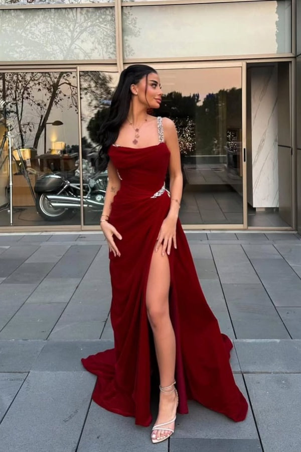 Fascinating Red Beaded Prom Dress With Pleated Split ssr0023
