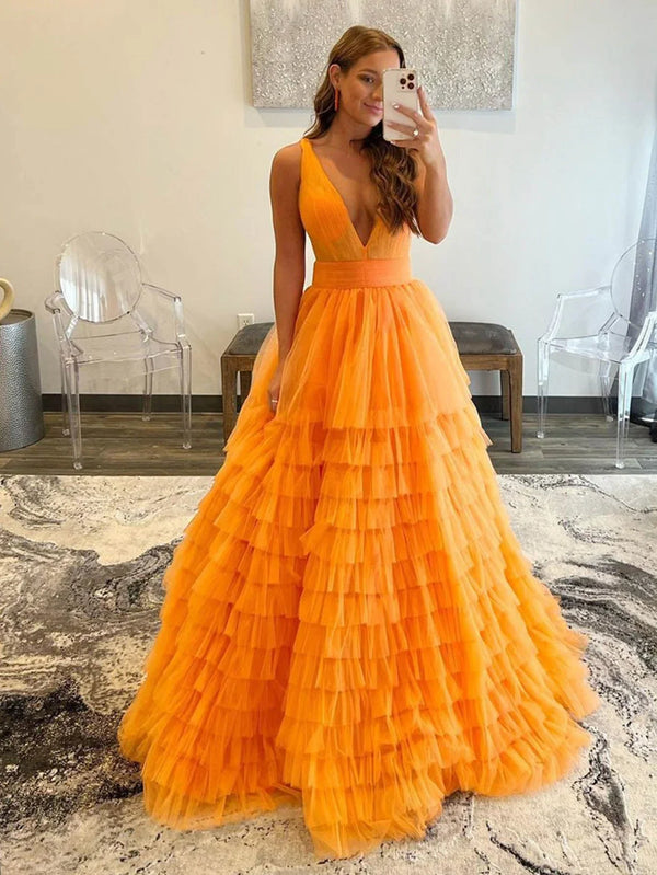 SSR1267, Elegant V Neck Layered Orange Tulle Long Prom Dresses, V Neck Orange Formal Graduation Evening Dresses
