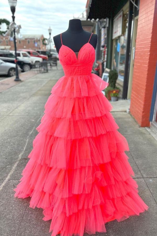 Straps Coral Tulle Tiered Ruffle Formal Gown