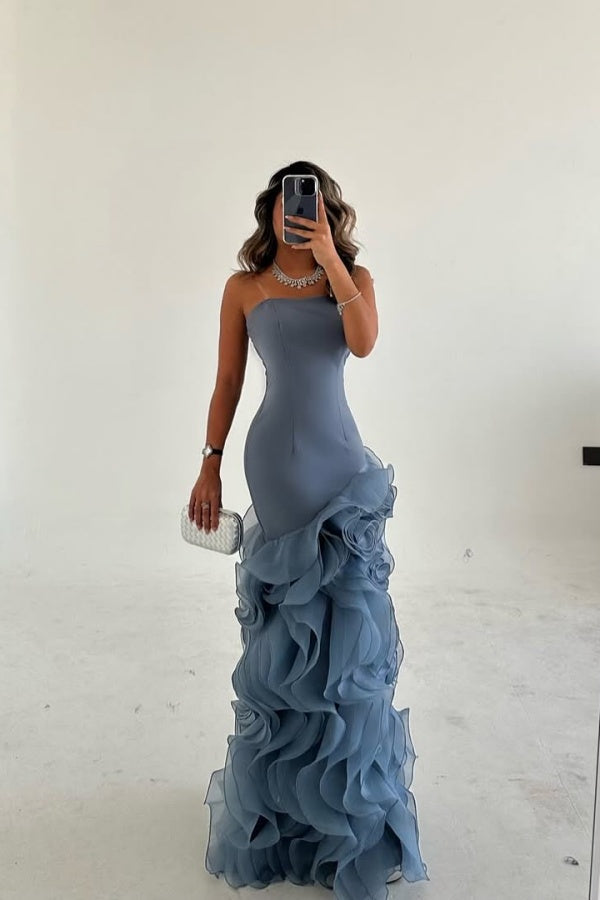 Dusty Blue Strapless Mesh Ruffles Sheath Prom Dress ssr0610