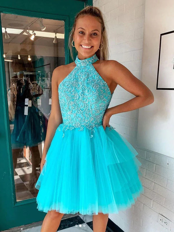 SSR1389,Halter Applique Tulle Homecoming Dresses