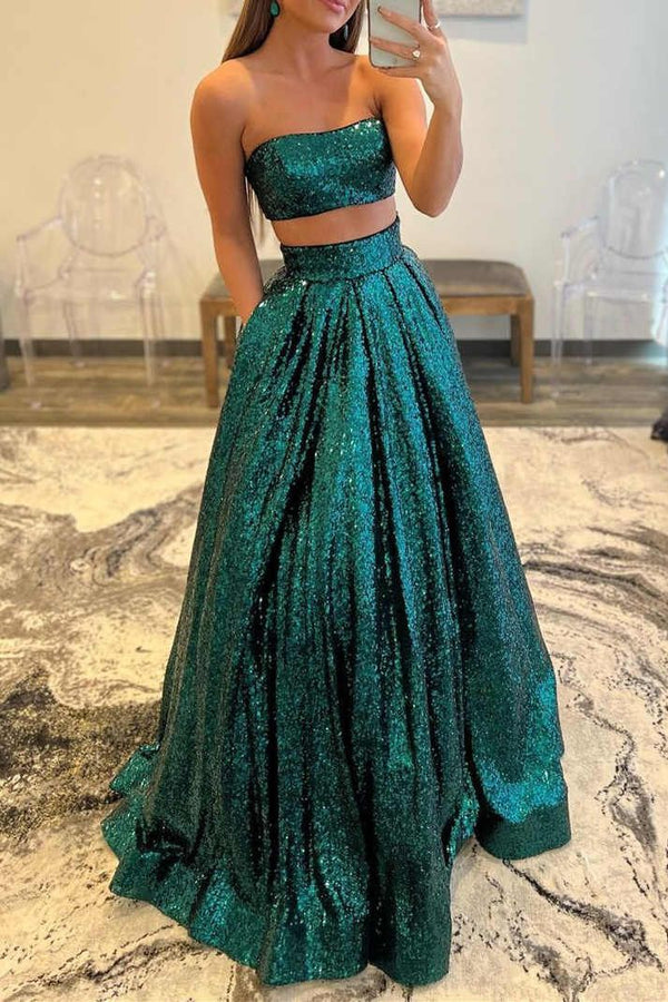 SSR1619,Sexy Two Pieces Sequin A-Line Prom Dresses,Sequin Evening Dresses,Sleeveless Prom Ball Gown