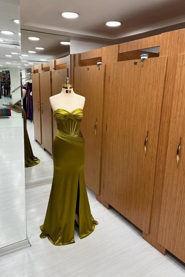 Green Pleated Strapless Split Prom Dress ssr0341
