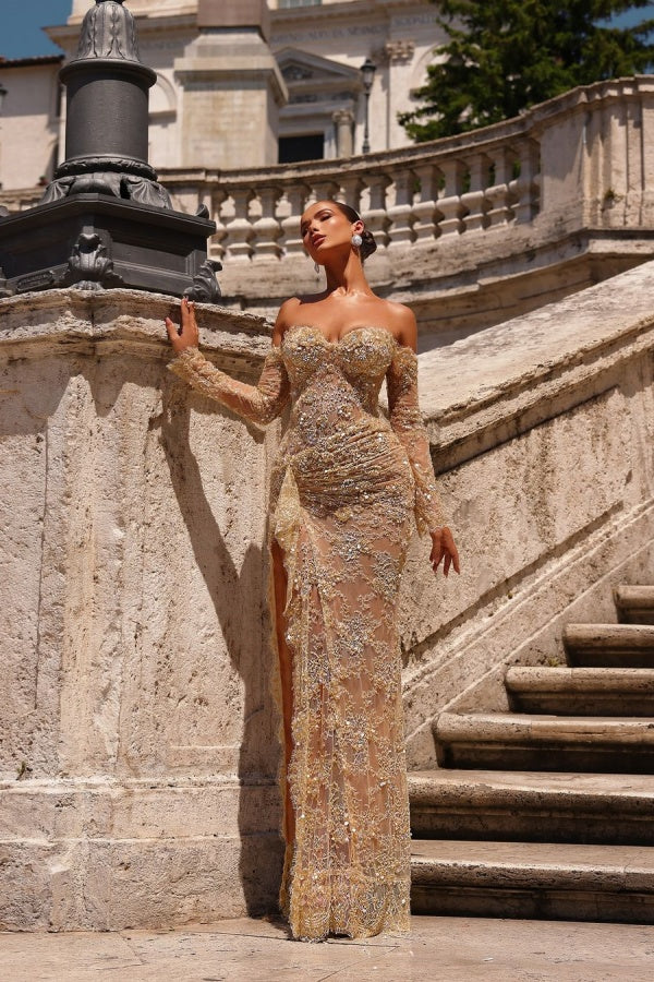 Champagne Lace Strapless Split Prom Dress With Long Sleeves ssr0245