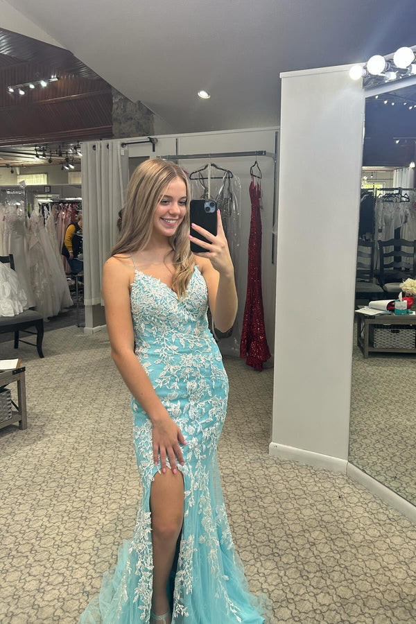 Straps Blue and White Lace Mermaid Prom Dress