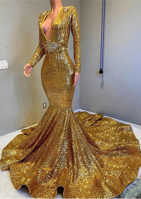 Gold Long Sleeves V-Neck Mermaid Prom Dress With Applique PD0635