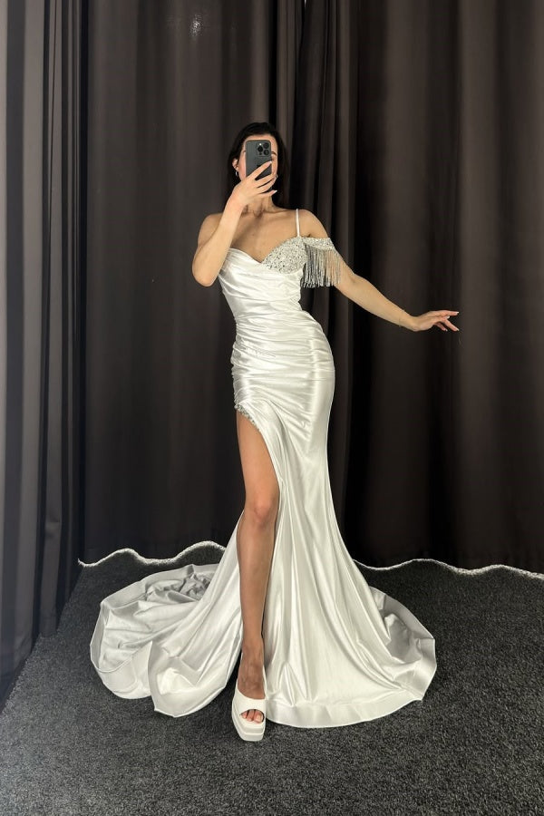 White Spaghetti-Straps Split Mermaid Long Beaded Prom Dress ssr0289