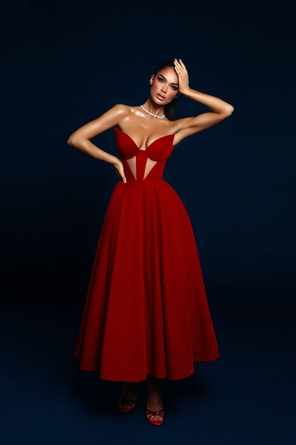 Red Ankle Length Strapless Formal Prom Dress ssr0663
