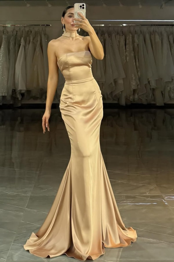 Champagne Strapless Mermaid Long Formal Prom Dress ssr0668