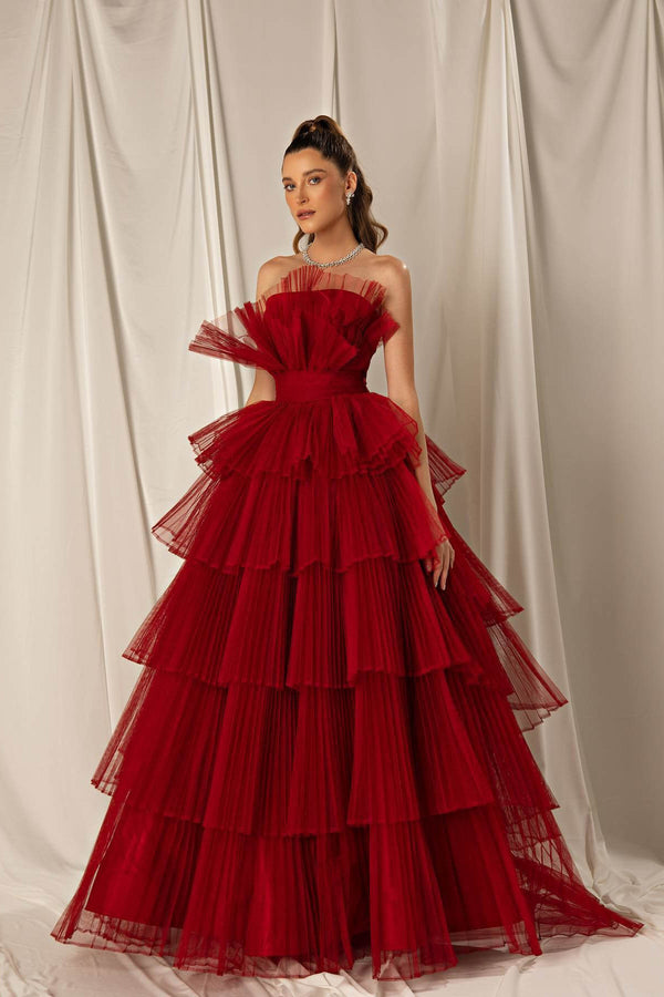 Burgundy Strapless Mermaid Sleeveless Layers Sleeveless Evening Dress Online ED0333