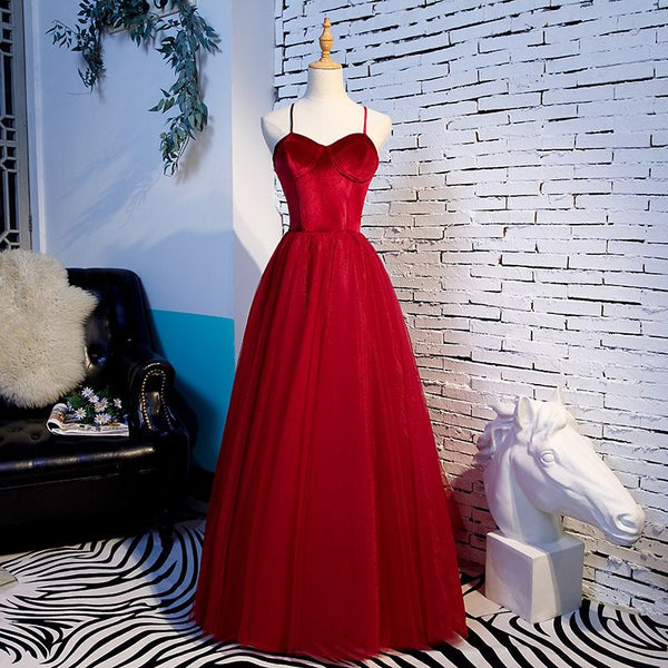 SSR0363,Red spaghetti straps long prom dresses tulle ball gown sweetheart long evening dress