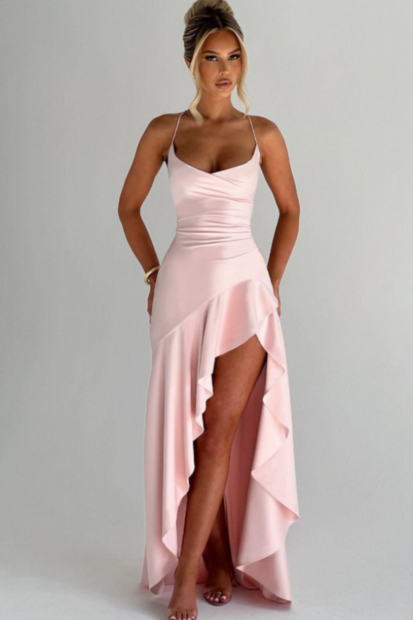 Blushing Pink Spaghetti-Straps Split Ruffles Prom Dress ssr0645