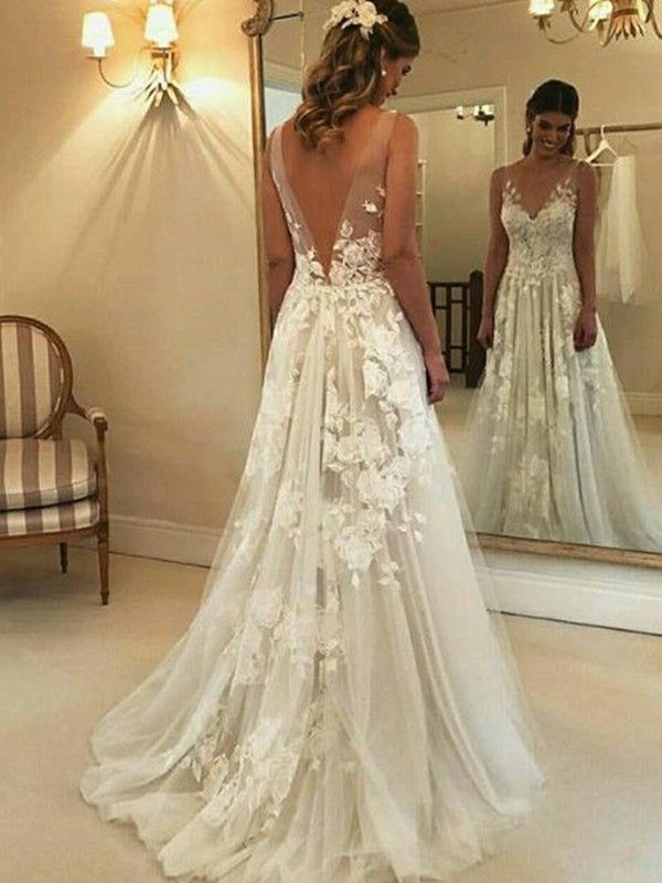 SSR1208,Applique Sweep/Brush A-Line/Princess Sleeveless Train V-neck Tulle Wedding Dresses