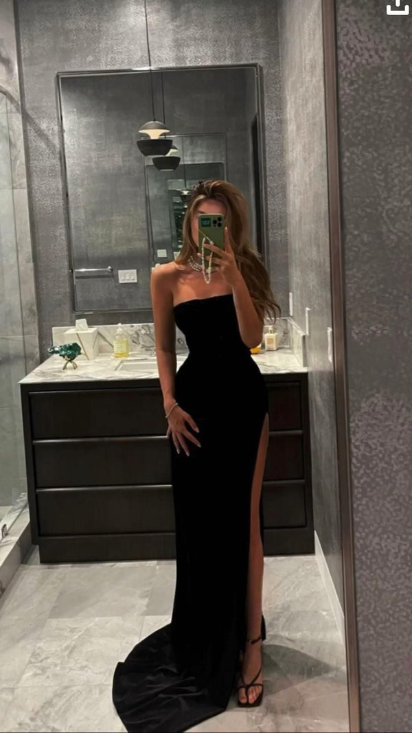 SSR0201,Simple Black Prom Dress With High Split Strapless Sexy Prom Dresses
