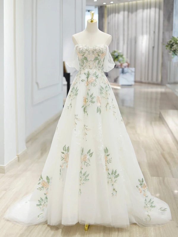 Floral Lace Floor Length Prom Dress Beautiful Off the Shoulder A-Line Evening Party Dress
