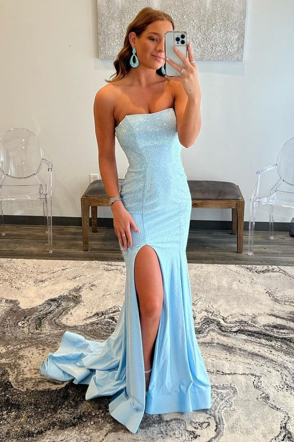 SSR0793,Light Blue Beaded Strapless Mermaid Long Prom Dress