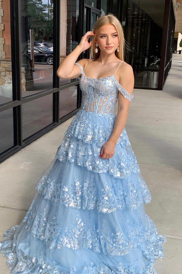 Cold Shoulders Light Blue Sequin Tulle Long Formal Gown
