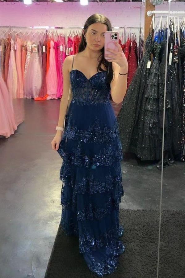 Straps Navy Blue Appliques Tulle Tiered Dress with Slit