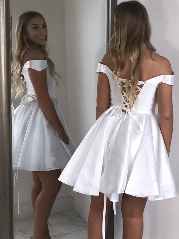 SSR0477,White Homecoming Dresses Off The Shoulder Mini Prom Dress