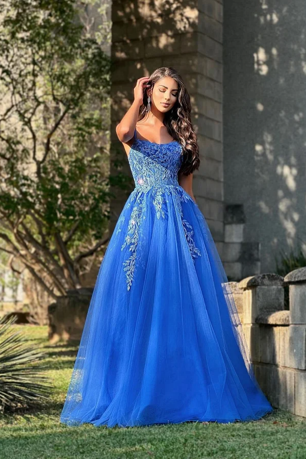 Blue Embroidered Spaghetti Straps Tulle Prom Dress ssr0087