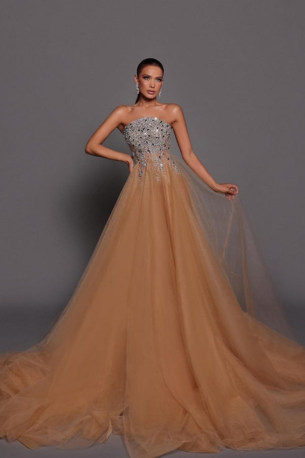 Gold Strapless Embroidery Mesh Prom Dress ssr0294
