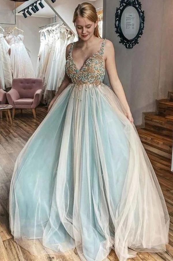 SSR0154,Luxury beading v neck long prom dress a line sleeveless tulle party gown evening dress