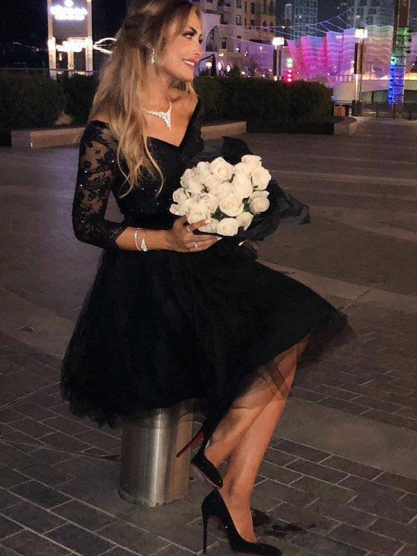 SSR1511,Black off the shoulder lace beaded tulle homecoming dresses a-line short back to school dress