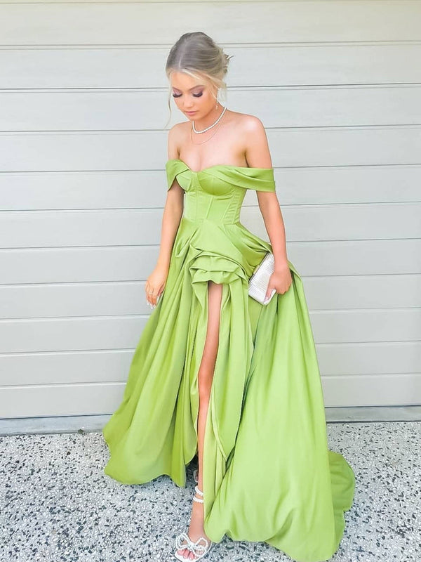 SSR0935,Simple off the shoulder prom dress,side slit evening formal gown
