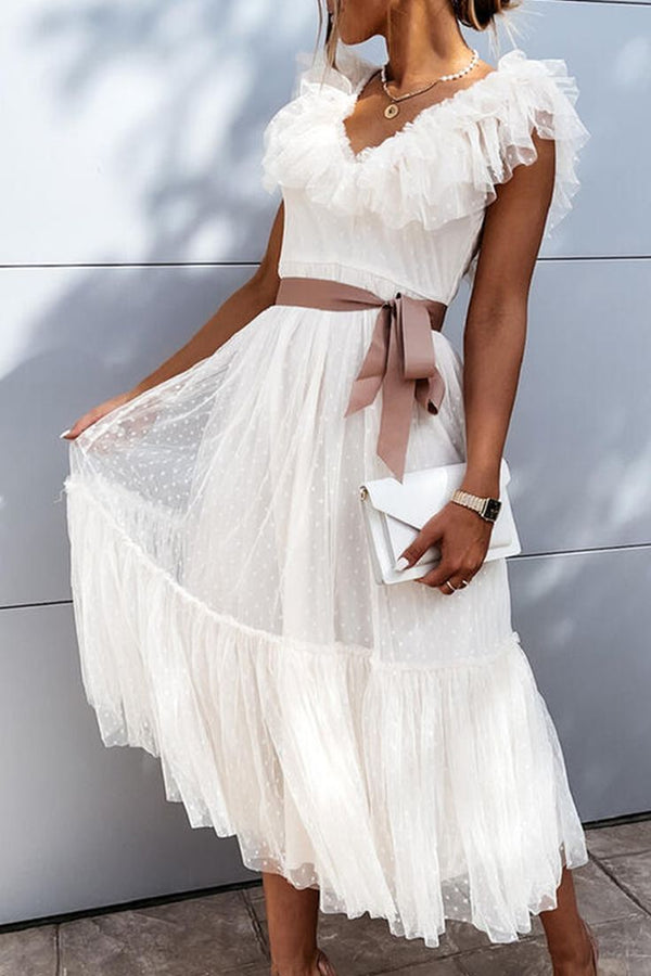 SSR1887,Cute White Dots A-Line Ruffles Homecoming Dresses
