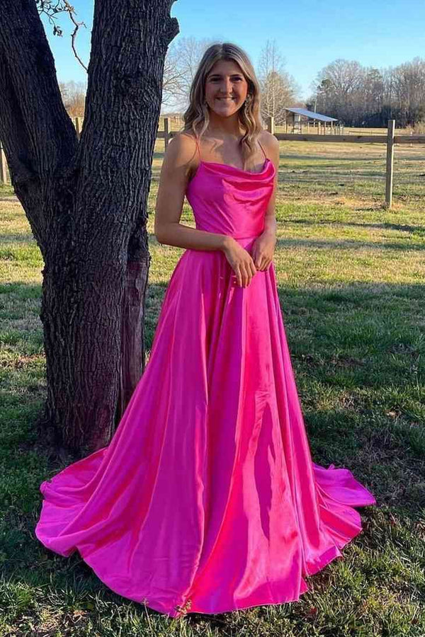 SSR1265, Cowl Neck Green Satin A-Line Formal Dress with Slit