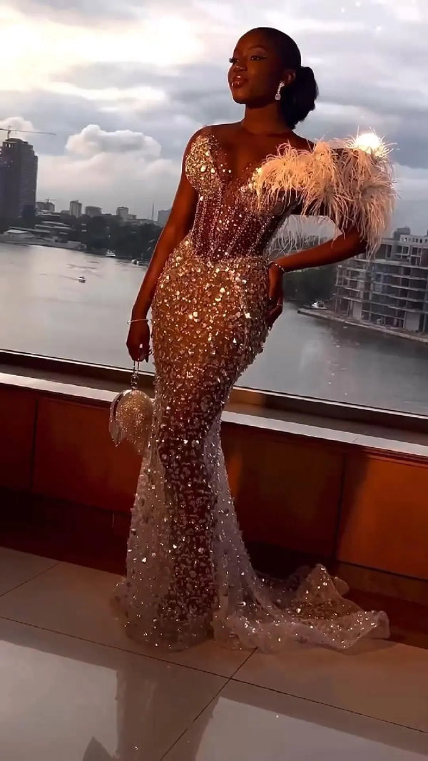 SSR1733, Unique Black Girl Prom Dresses, Sexy White Beaded Feather Long Evening Formal Gown