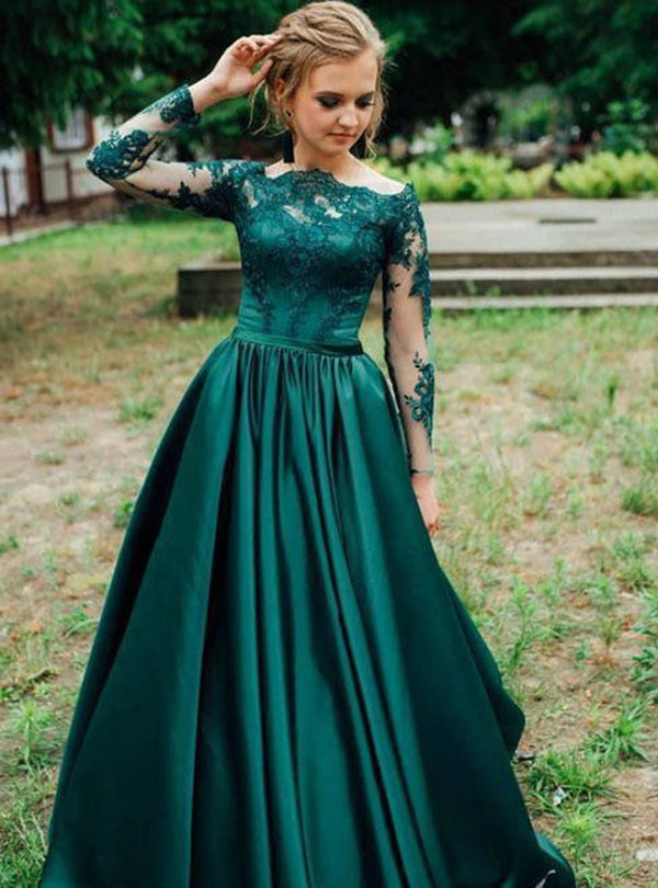 SSR1600,Dark Green Lace Prom Dresses,Long Sleeves Evening Ball Gown