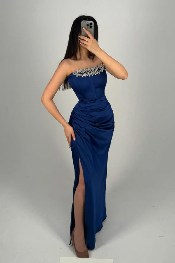 Royal Blue Beaded Strapless Gorgeous Split Prom Dress ssr0319