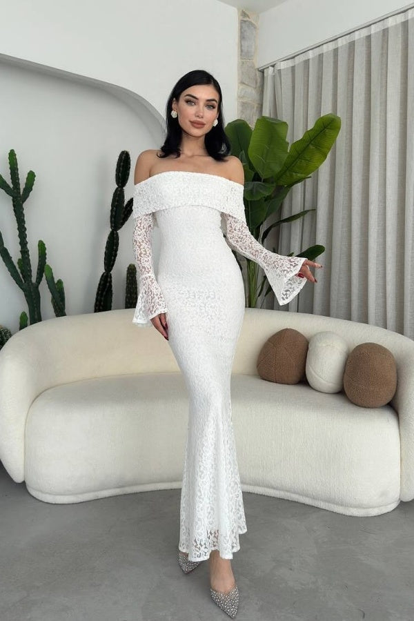 White Slim Fit Lace Mermaid Strapless Long Sleeves Prom Dress ssr0308