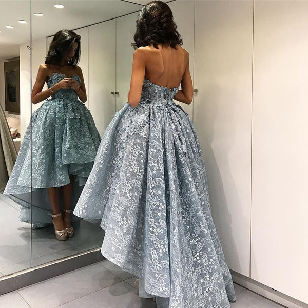 SSR0118,Grey Blue Lace Homecoming Dress High Low Prom Dress