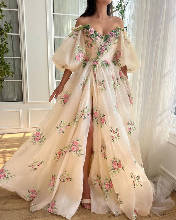 Elegant Off-The-Shoulder Floral Embroidered Split Prom Dress With Puff Sleeves ssr0144