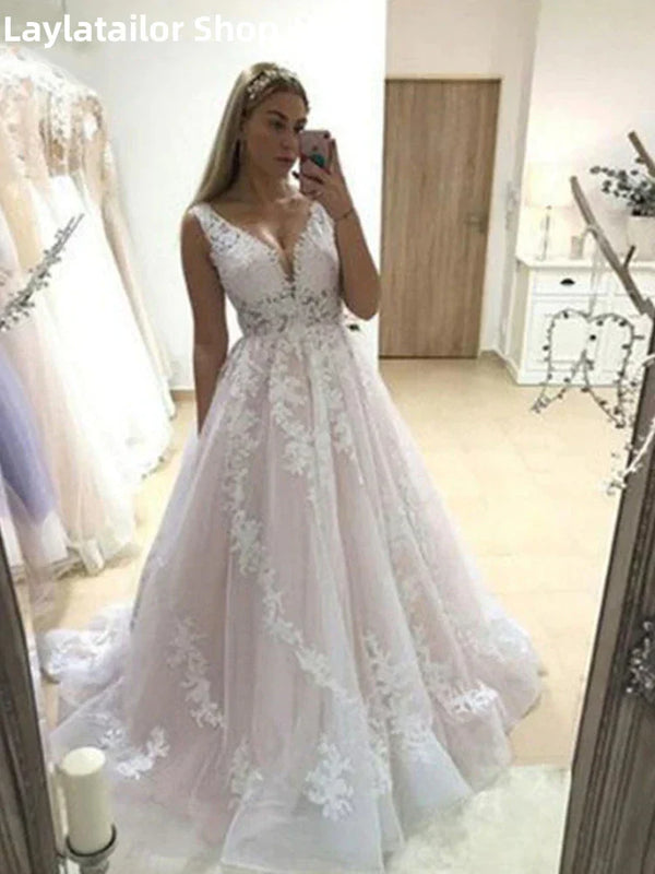SSR1202,Pink Wedding Dress V Neck Bridal Gowns Backless Sleeveless Lace Bride Dresses Country vestidos de noiva