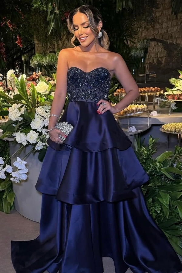 Dark Blue Embroidery Beadings Three-Layer Ruffles Strapless Prom Dress ssr0495