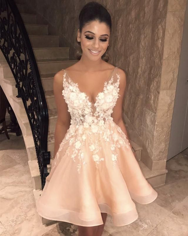 SSR0029,Discount A-Line V Neck Backless Short Prom Dress With Appliques,Open Back Homecoming Dress