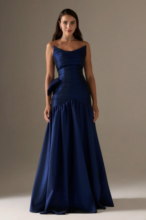 Navy Blue Pleated Strapless A-Line Prom Dress ssr0654