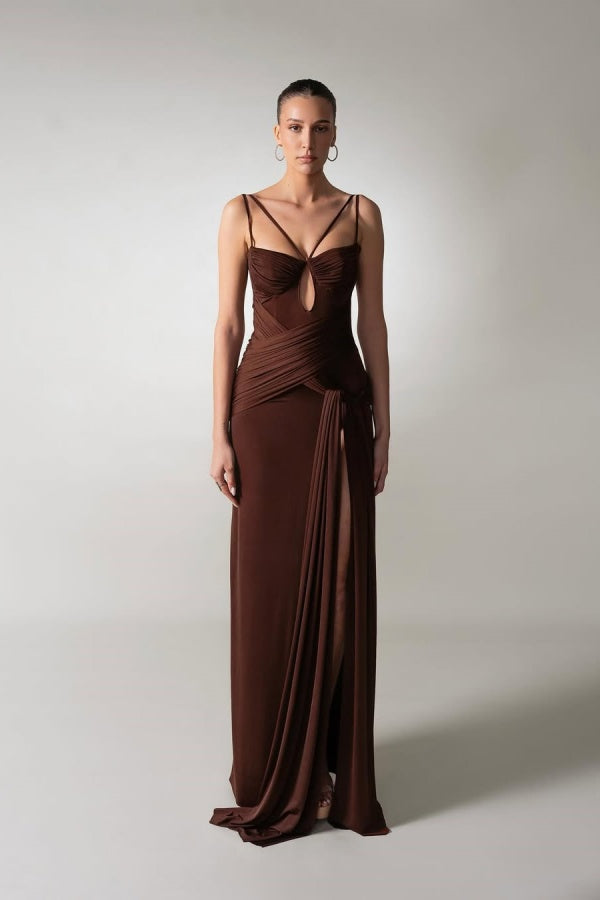 Chocolate Spaghetti-Straps Split Pleated Summer Prom Dress ssr0634