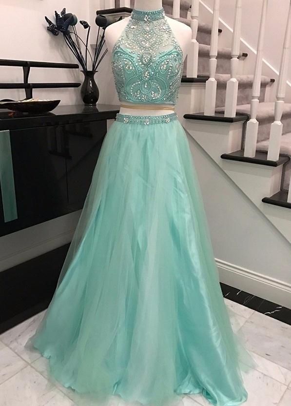 SSR0647,Mint Halter Two Pieces Long Tulle Prom Dresses For Teens,Elegant Evening Dresses,Modest Prom Gowns,Cheap Party Dresses,Women Dresses