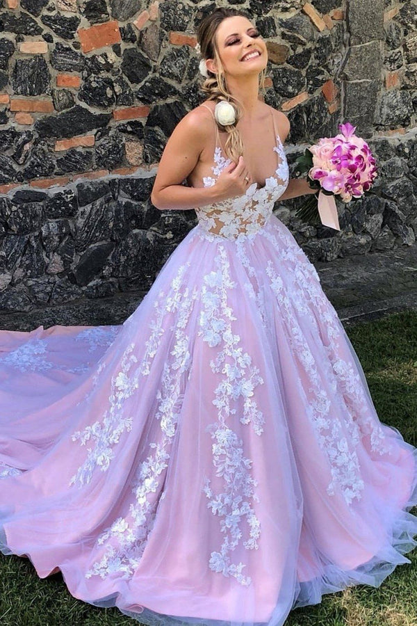SSR1034,Gorgeous V Neck Backless Lace Floral Lilac Long Prom Dress, Formal Evening Dress,Floral A Line Long Wedding Dress