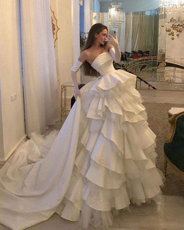 SSR0856,Charming A Line Strapless White Long Wedding Gown with Ruffles Long Bridal Dress
