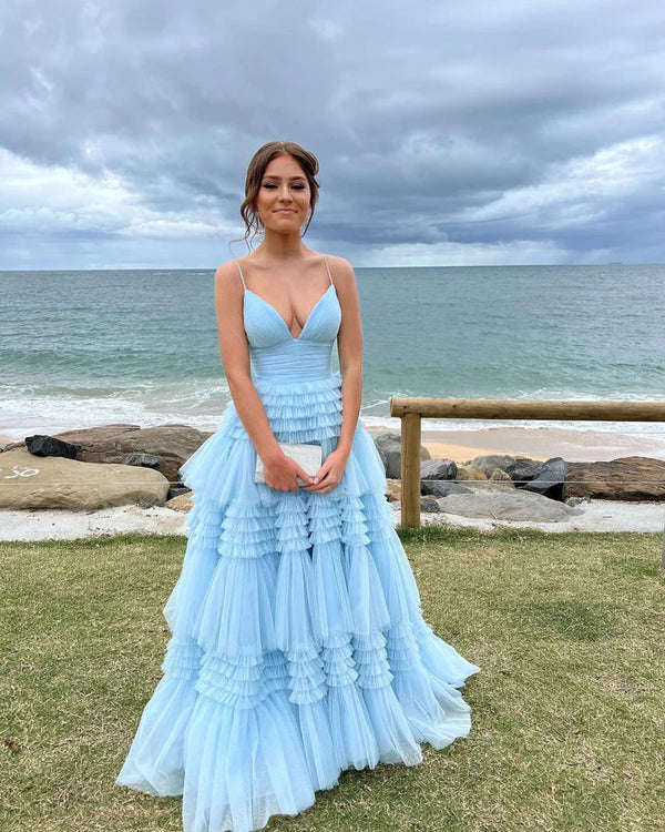 SSR1230,Charming A Line V Neck Light Blue Tulle Long Prom Dresses