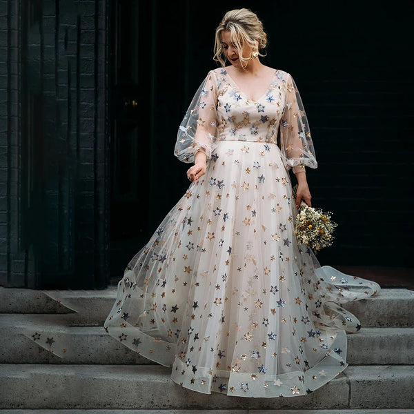 Starry Tulle A-Line Plus Size Prom Dresses With Stitch Hem