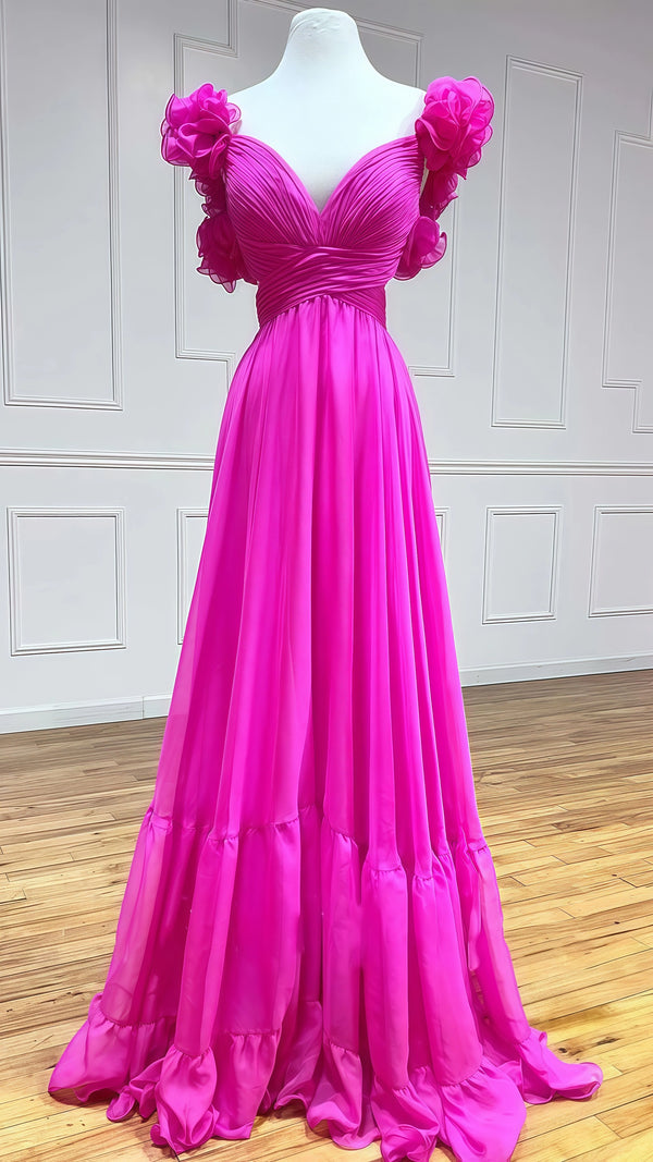 A-Line Pink Prom Dresses With Ruffle Cap Sleeves V-Neck Senior Prom Dress,SSR1035