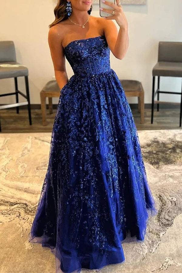 A-line Sequined Lace Long Prom Dress with Pockets
